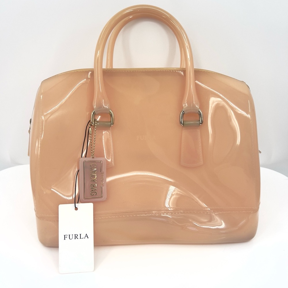 Furla Women's Candy Bag Glossy Jelly Blush Peach Summer Tote Made in Italy